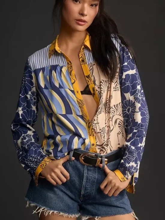 Maeve Tops - Maeve Anthropologie The Paz Button Down Patchwork Zebra Print Blue Yellow Shirt